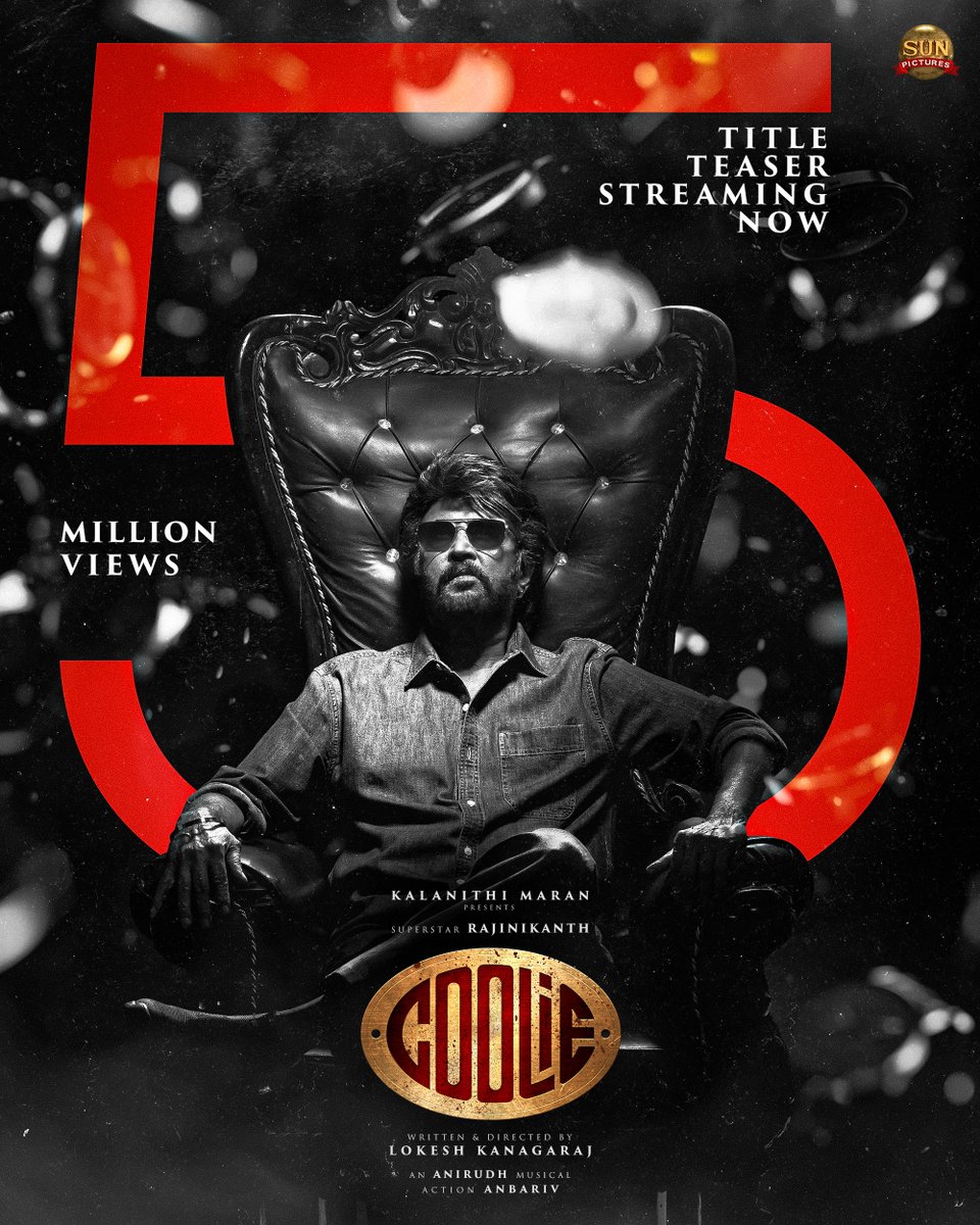 5M+ views for Superstar Rajinikanth’s #Coolie Title teaser! Director: @Dir_Lokesh MD: @anirudhofficial Stunt: @anbariv 🔗: youtu.be/6xqNk5Sf5jo