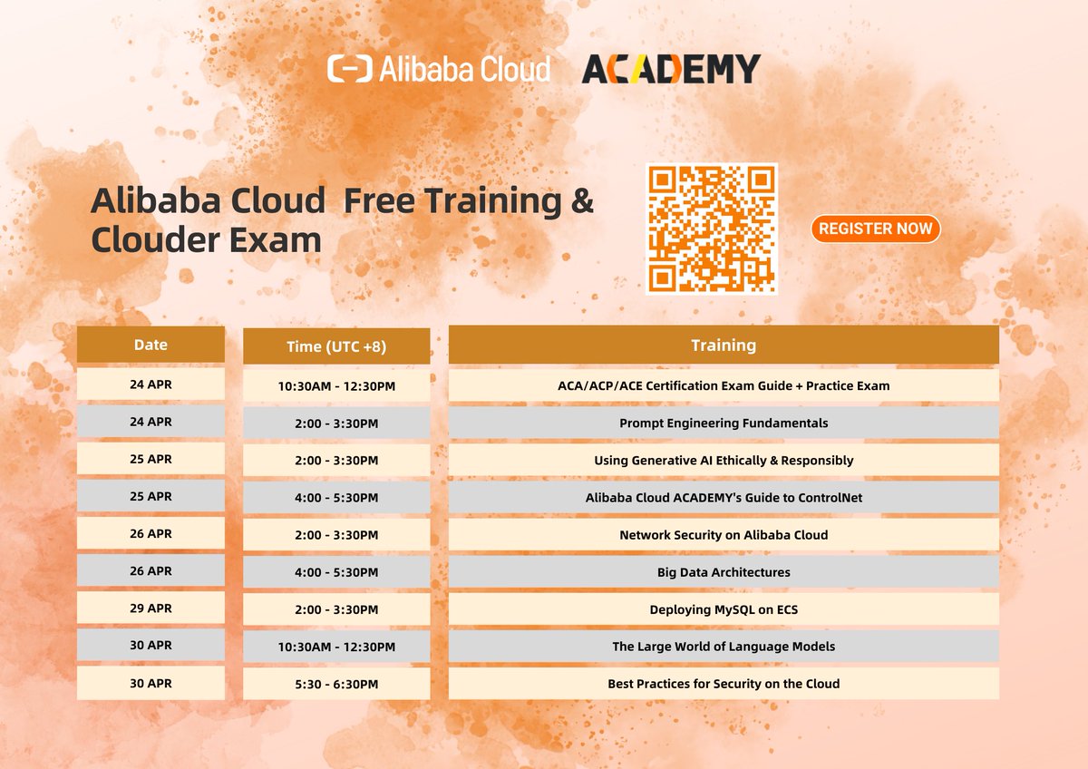 Skill up with #AlibabaCloudAcademy’s diverse roster of public classes! From ethical #GenerativeAI & #BigDataArchitectures to #CloudSecurity best practices - your next level in tech awaits. Enroll & elevate your expertise today: edu.alibabacloud.com/training/upcom… #AlibabaCloud #TechEd #AI