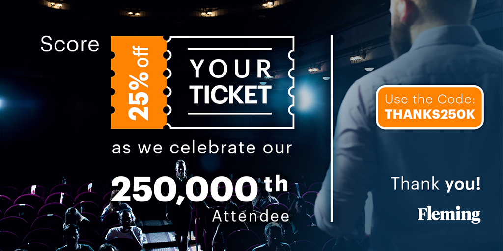 Join us in celebrating! 🎉 We've hit 250,000 delegates! Enjoy 25% off all upcoming events with code THANKS250K. Secure your spot now and let's celebrate together! Register now! 👉 eu1.hubs.ly/H08L5CZ0 #flemingevents #thankyou #milestone #25%off