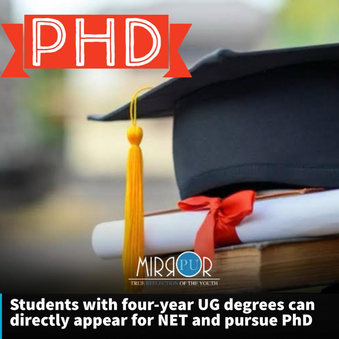 pu_mirror's tweet photo. UGC Chairman Jagadesh Kumar informed that students with four-year #undergraduate degrees can now directly appear for NET and pursue #PhD, provided they have minimum 75% marks or equivalent grades in their UG course.
#panjabuniversity #puchd #academic #doctorate #newrule https://t.co/IHHWLEbPtU