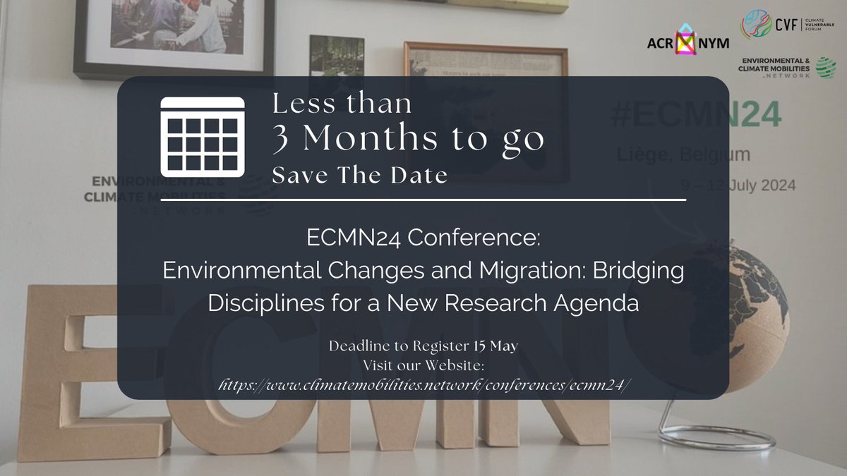 🗣️Engage with professionals from around the world, focusing on the linkages between #climatechange and #migration

🖇️ECMN24 Conference
📍9-12 July 2024, Liège
⌛️Ddl 15 May
📝Secure your spot: climatemobilities.network/conferences/ec…
You don't want to miss it ‼️