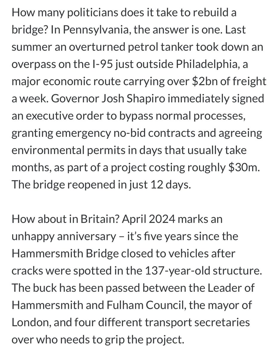 12 days to fix a bridge in Pennsylvania. 5 years (and counting!) in London. @ahawksbee on state capacity and why it matters. cityam.com/if-our-politic…