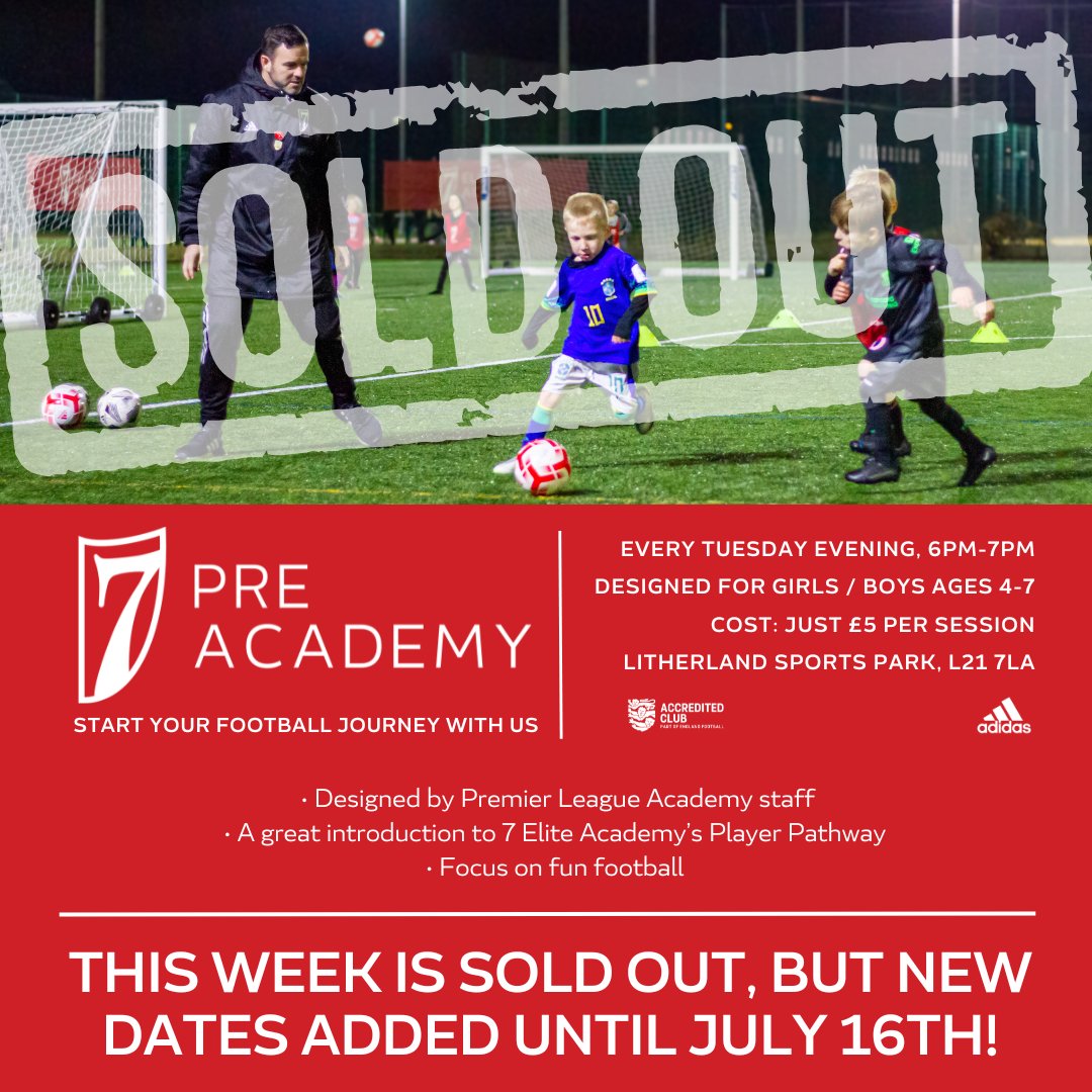 PRE ACADEMY 🇬🇧🇺🇸🇹🇿 Tonight’s Pre Academy is SOLD OUT - and with very few places left for next week (April 30th) we recommend you book as soon as possible 🚨

BOOK FOR FUTURE WEEKS⬇️
uk.7eliteacademy.com/preacademy/

#7EliteAcademyUK | #PlayerPathway |  #LiverpoolGrassrootsFootball