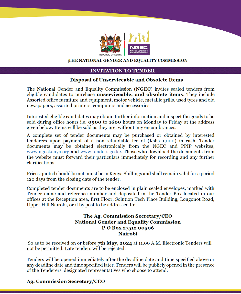 TENDER FOR DISPOSAL OF OBSOLETE AND UNSERVICEABLE ASSETS. DETAILS => ngeckenya.org/Downloads/Tend…