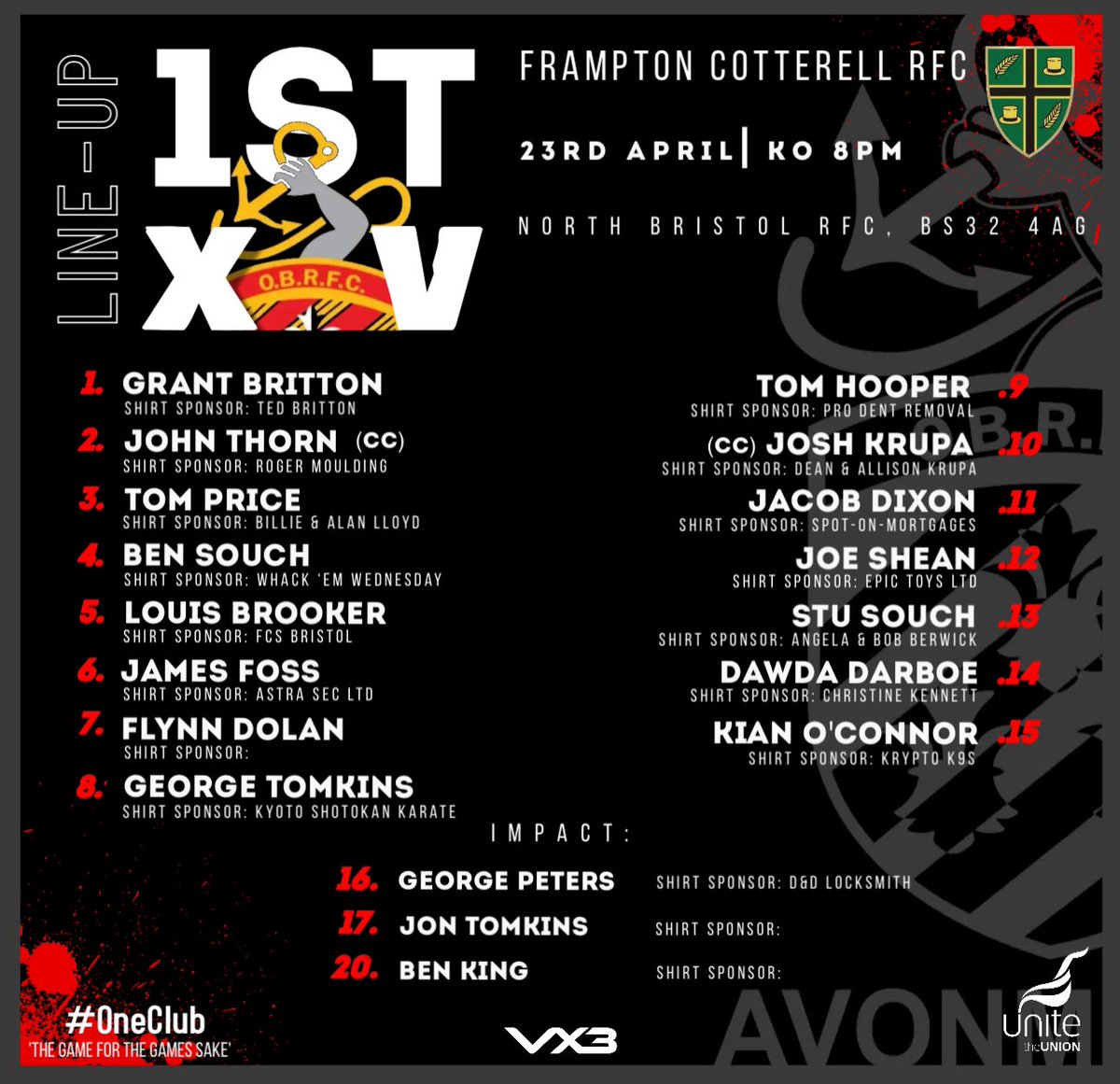 SQUAD ANNOUNCEMENT⤵️ Here is our 1st XV Squad to face @FramptonRFC tonight at North Bristol RFC in R2 of the Bristol Combination Vase. KO 8pm ⚫️🔴⚫️ @swsportsnews @GRFUrugby @BSDistrictRugby