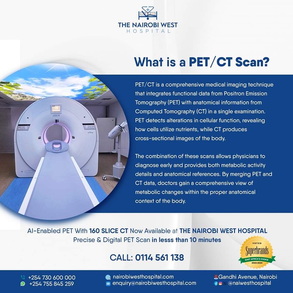 The PET-CT scan combines positron emission tomography (PET) and computed tomography (CT) scans, conducted simultaneously in one machine. This provides more comprehensive images than either scan alone.

#NairobiWestPETScan
AI Enabled PetScan