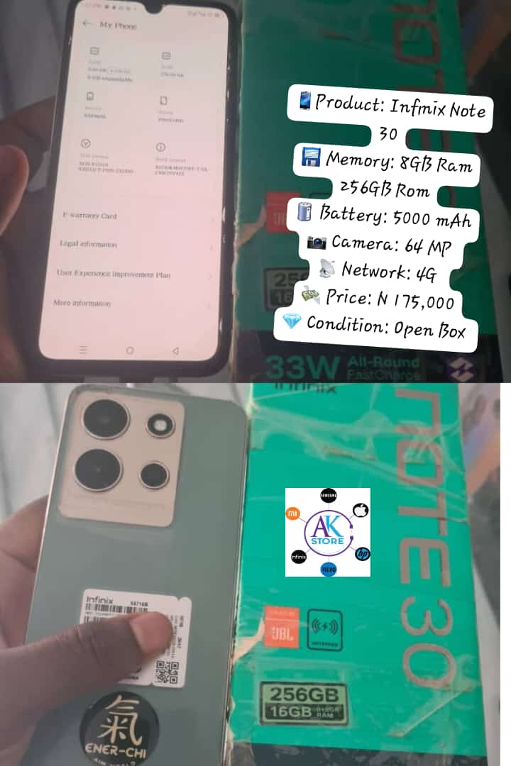 Retweet my hustle please. 

📱Product: Infinix Note 30
💾 Memory: 8GB Ram 256GB Rom
🔋 Battery: 5000 mAh
📷 Camera: 64 MP 
📡 Network: 4G 
💸 Price: N 175,000
💎 Condition: Open Box 
📍 Location: 🇳🇬 🇳🇬 🇳🇬
🚚 Delivery: Nationwide Delivery 
🌎 Storefront: bit.ly/3xnXFoF