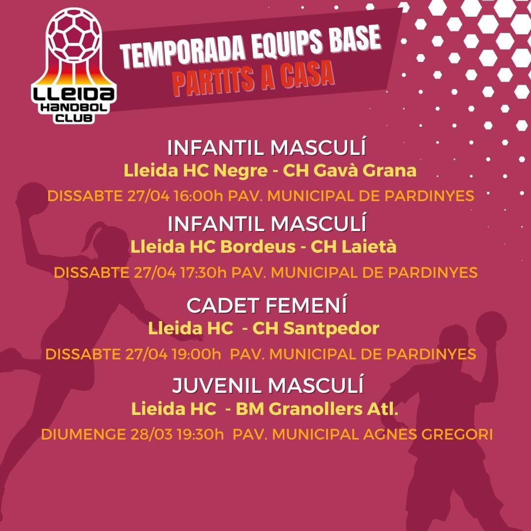 LleidaHC's tweet image. 🗓 Dissabte a la tarda haurà una gran jornada de partits de base del Club al Pavelló Municipal de Pardinyes. I el cadet masculí es juga el lideratge del grup el diumenge a la tarda al Pavelló Municipal Agnès Gregori 💪
#LleidaHC #EquipsBase