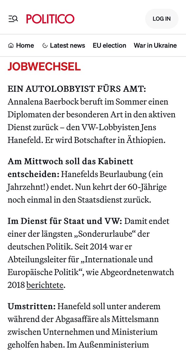 Absolut schräg: Jens Hanefeld war zehn Jahre (Chef-)Lobbyist von VW und bearbeitete auch die Abgasaffäre (und die Politik). Jetzt muss ausgerechnet @ABaerbock ihn zum Botschafter machen, weil die Beurlaubung ausläuft. Morgen nickt das Kabinett die Personalie ab. @POLITICOEurope