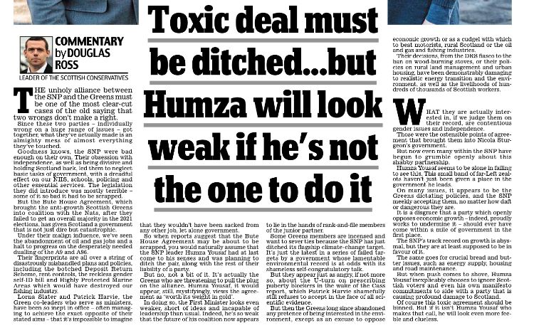 On many issues, it appears to be the Greens dictating policies, and the SNP meekly accepting them, no matter how daft or dangerous they are. Humza Yousaf should ditch this toxic agreement. If he doesn’t, he will look even more feeble and clueless. 📰 mailplus.co.uk/scottish-editi…