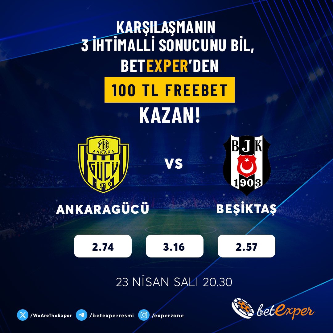 Ankaragücü ⚔️ Beşiktaş mücadelesinin 3 ihtimalli sonucunu doğru tahmin edenlere 100 TL FreeBet Hediye! 🔥  

Katılım linki; forms.gle/znqWX3CvjvLDo5…

✅Form üzerinden katıl 
✅Gönderiyi beğen ve rt
✅ #Betexper tag’iyle 3 arkadaşını etiketle