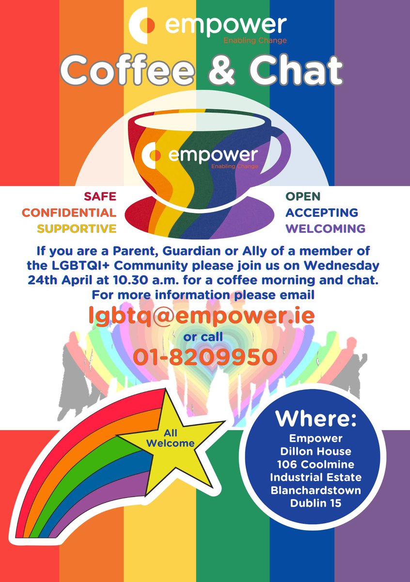 If you are a Parent, Guardian or Ally of a member of the LQBTQI+ Community please join us tomorrow Wednesday 24th April at 10.30 am for our next Coffee Morning and chat. Everyone welcome. #EmpoweringFingal #Inclusion #CoffeeMorning