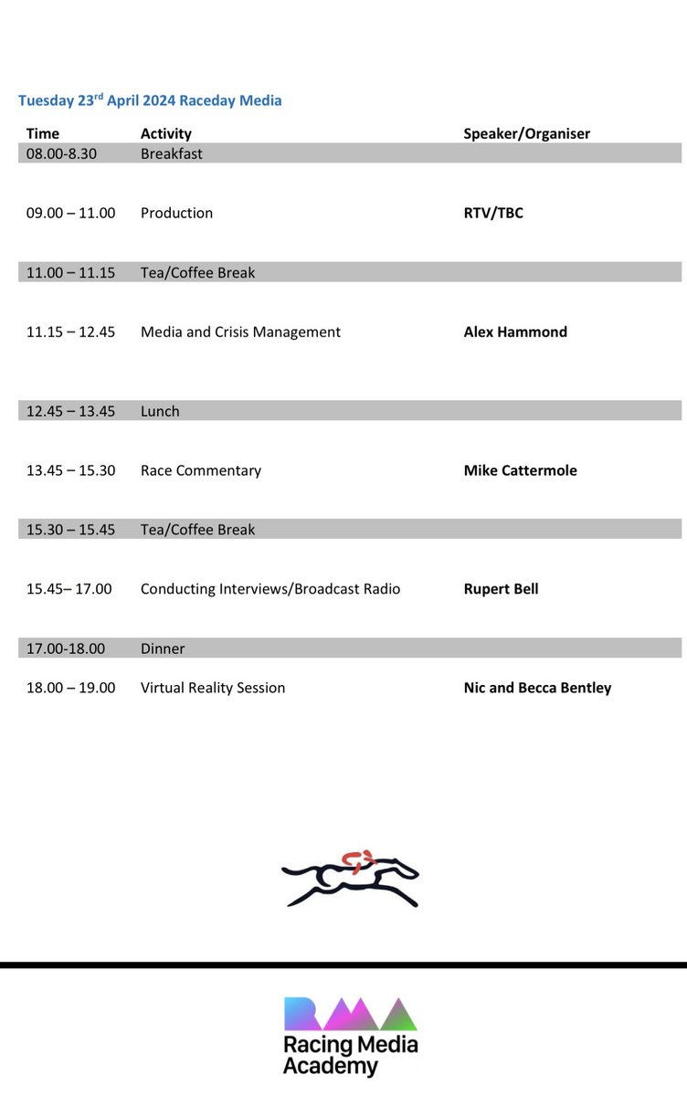 A fantastic Monday for the Class ‘24 cadets on @RacingMediaAca Another belter in store today with speakers inc @skysportsAlexH @Catters61 @Rupertbell @Jockeytuition