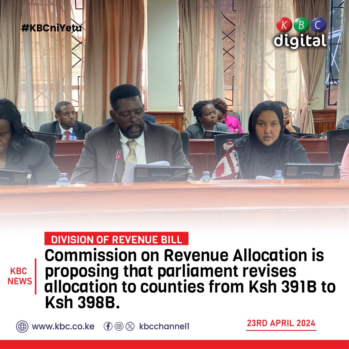 Commission on Revenue Allocation is proposing that parliament revises allocation to counties from Ksh 391B to Ksh 398B. #KBCniYetu ^RO