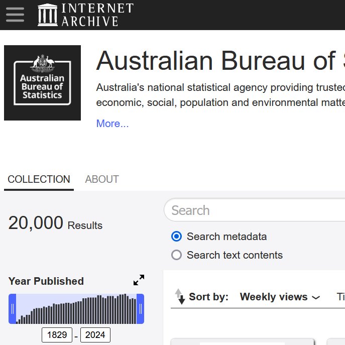 scott_marley82's tweet photo. We reached a new milestone - 20,000 digital publications uploaded to the @internetarchive
https://t.co/fvXulIE8mp
Stayed tuned, 1000s more to come #statistics #data #aushistory #internetarchive #digitalbooks #ausstats #australia #census https://t.co/42fQvW4pF4