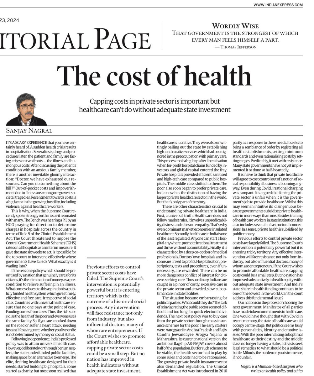 My oped in todays ⁦@IndianExpress⁩ on the Supreme Courts recent strong words on controlling private health care costs.Few key points ….