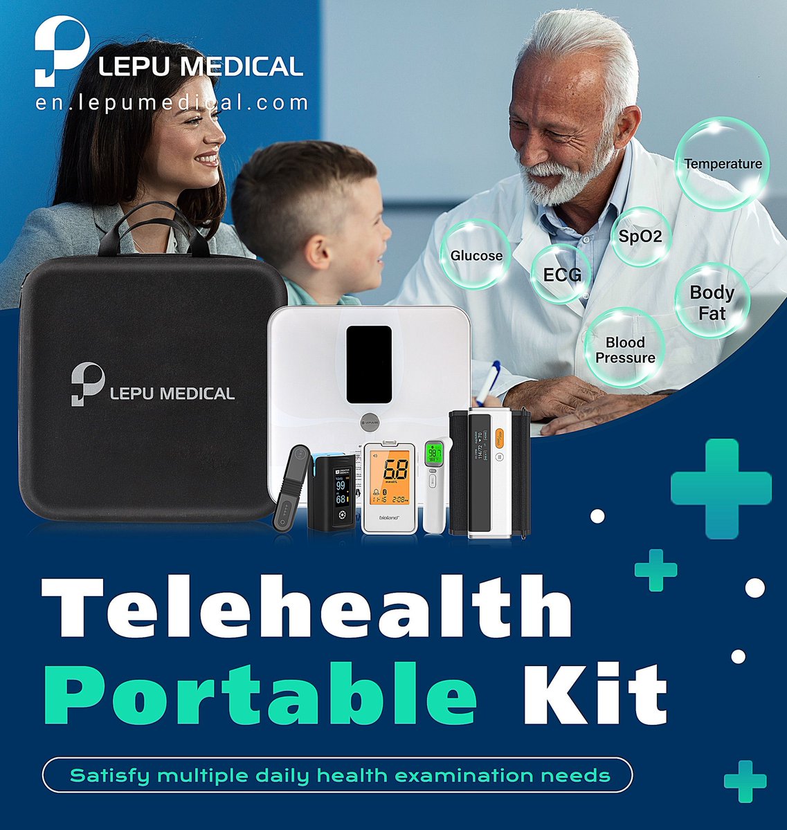 Our telehealth portable kit includes a series of products which can satisfy multiple daily health examination needs and can be applied in a wide range of scenarios.

#LepuMedical #vitalsigns #bodyfat #NIBP #ECG #glucose 

📧>>marketing@lepu-medical.com 
>>en.lepumedical.com