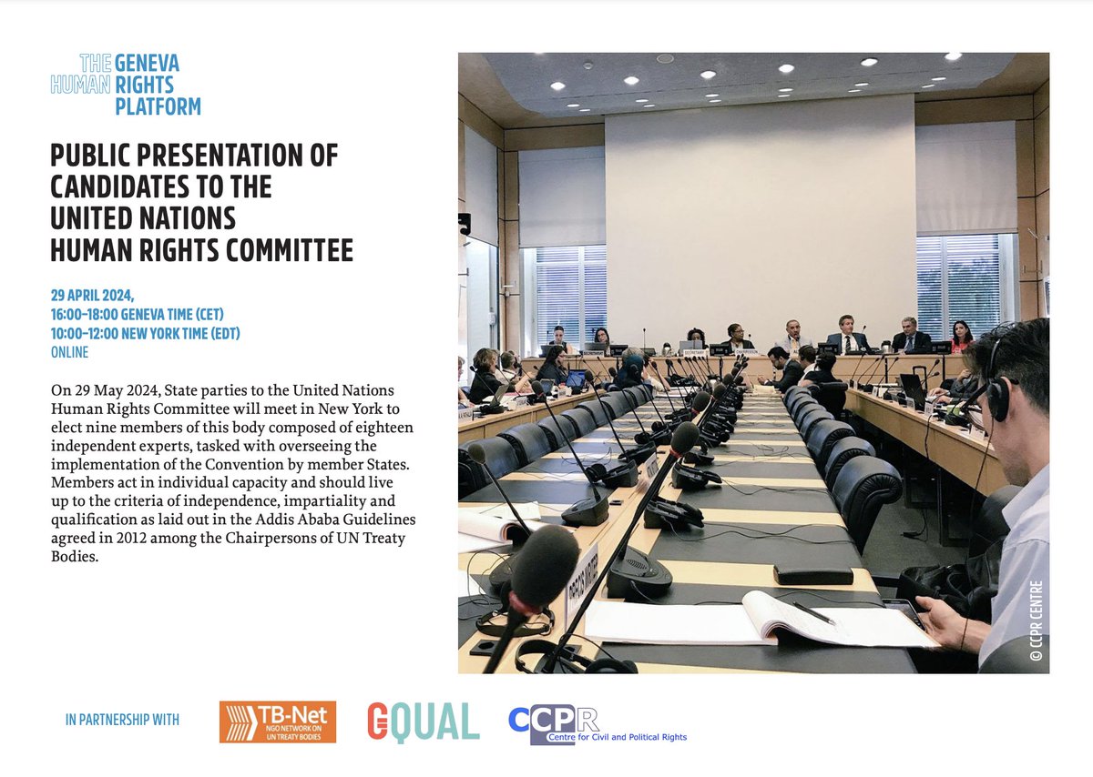 Discover the 17 candidates running for the election of the UN Human Rights Committee that will take place on 29 MAY 2024 🔴Register for online meeting on 29 APR 16:00-18:00 Event organized by @Geneva_Academy in co-operation with @UNTBNet and @GqualCampaign geneva-academy.ch/event/all-even…