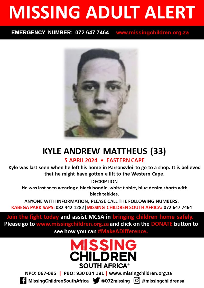 #MCSA Kyle Andrew Mattheus (33) was last seen 5 April 2024. If you personally, or your company | or your place of work, would like to make a donation to #MCSA, please click here to donate: missingchildren.org.za/page/donate