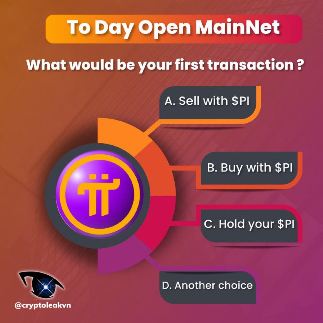 If #PiNetwork goes live today on Open MainNet, what would be your first transaction? A. Sell with $PI B. Buy with $PI C. Hold your $PI D. Another choice Share your thoughts. #PiNetwork #PiKYC #Pioneers #Picoins #Picommunity #Pimining #PiCoreTeam #pi #pinetwork