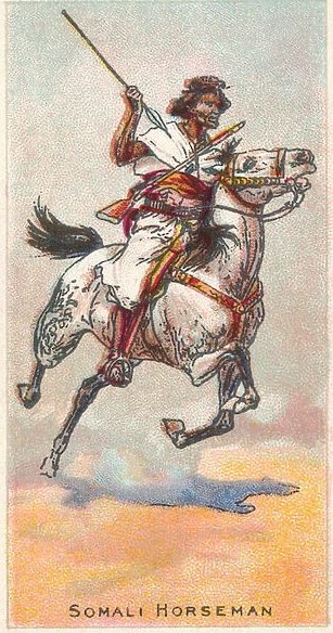 Cigarette card art from early 20th century depicting Somali horseman armed with a spear and a rifle