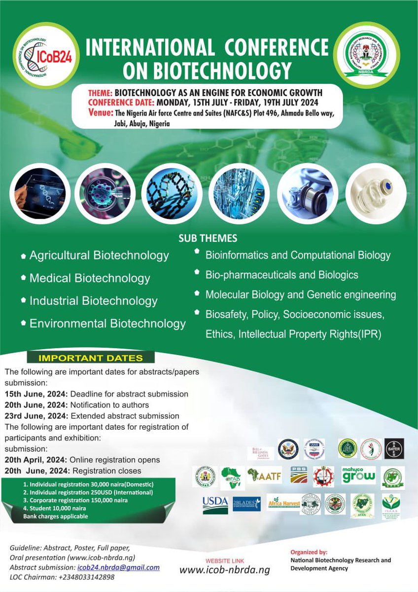 The online registration for the upcoming International Conference on Biotechnology from 15 to 19 July, 2024 has commenced. Secure your spot by registering via the link below and access comprehensive details about the event. icob-nbrda.ng Endeavour to participate.