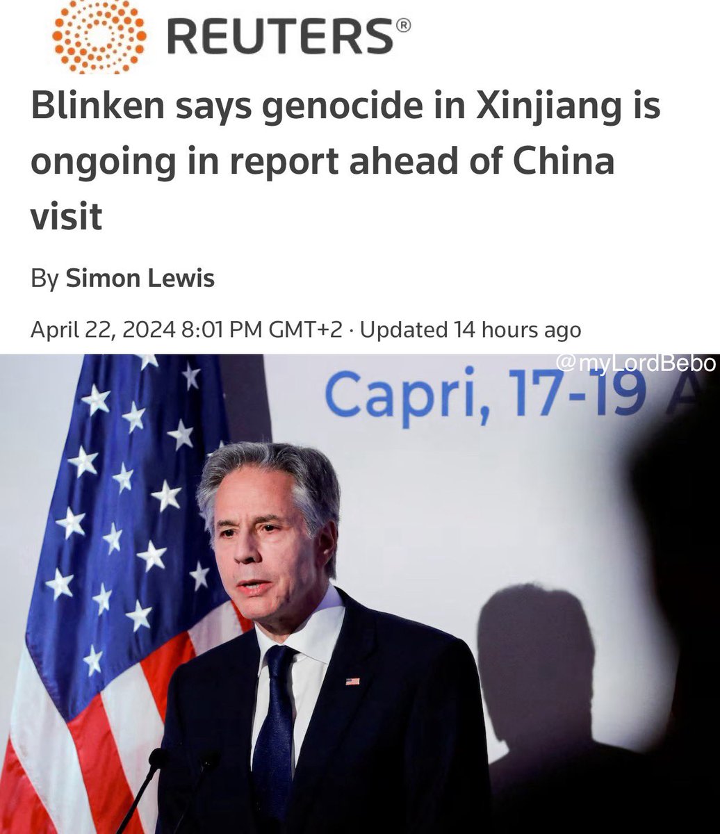 🇨🇳🇺🇸 Blinken shows peak diplomacy and emphasizes the Uyghur genocide before his China visit.

 'For example, in Xinjiang, the PRC continues to carry out genocide, crimes against humanity, forced labor, and other human rights violations against predominantly Muslim Uyghurs and