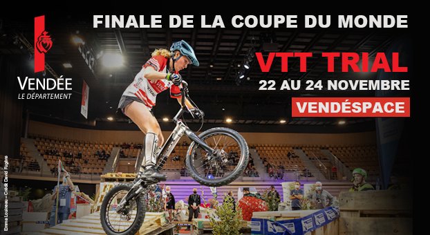 🚲 Trois ans après la finale de Coupe de France de VTT Trial, la Vendée accueille, au Vendéspace, la finale de la Coupe du monde ! 🗓 Le 22, 23 et 24 novembre 2024 🎟 Prenez vos billets dès maintenant : bit.ly/cdmVTT-Trial