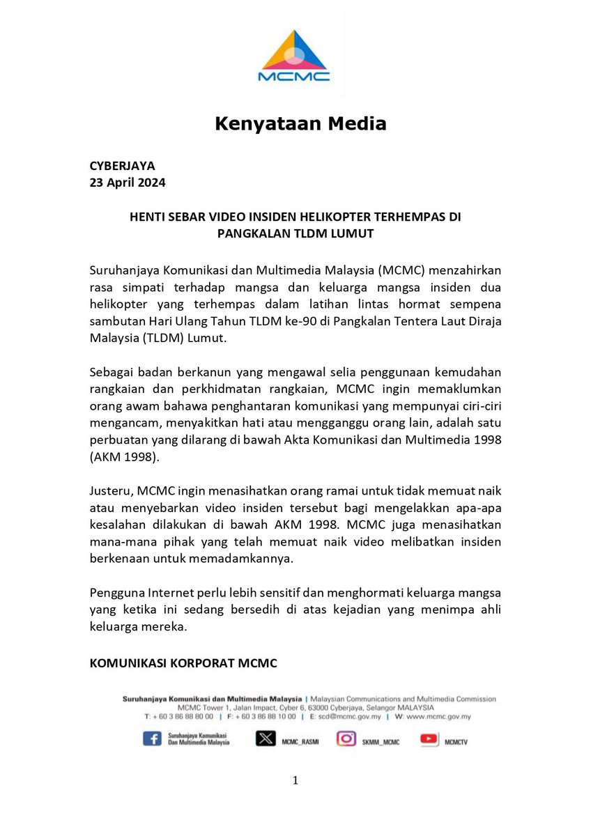 MCMC_RASMI's tweet photo. KENYATAAN MEDIA

HENTI SEBAR VIDEO INSIDEN HELIKOPTER TERHEMPAS DI PANGKALAN TLDM LUMUT

#MCMC https://t.co/eg2pUH6NaW