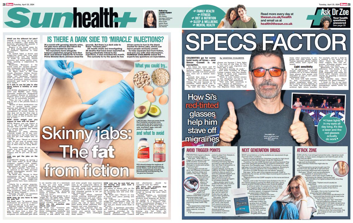Today in Sun Health - fat jabs Q&amp;A if you're wondering if you can use them before your summer holiday, and do Simon Cowell's red glasses work for migraines? thesun.co.uk/health/2747565…  thesun.co.uk/health/2747565…