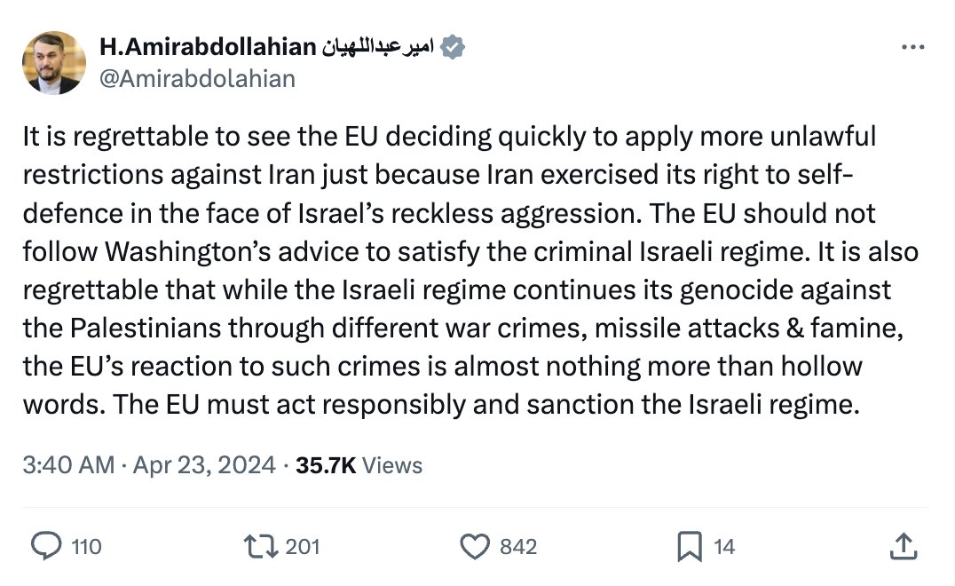🇮🇷🇪🇺IRAN SLAMS EU, CALLS FOR SANCTIONS ON ISRAEL Iran’s Foreign Minister claimed the EU’s new sanctions on them are illegal, and they were acting in self-defense when they launched over 300 missiles and drones at Israel. Instead of punishing Iran, he called for the EU to