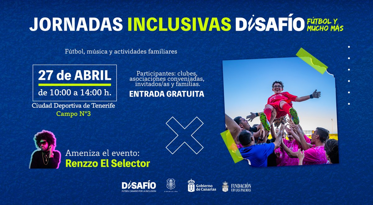 ⚪️🔵La Ciudad Deportiva de Tenerife acogerá este fin de semana las Jornadas Inclusivas del proyecto #DiSAFÍO. ¡No dudes en asistir 🙌! 📅 Sábado, 27 de abril. ⏰ De 10:00 a 14:00 horas. 🏟️ Campo nº 3. 🎟️ Entrada gratuita. #FundaciónCDT @CDTOficial @PresiCan @Deportecanario