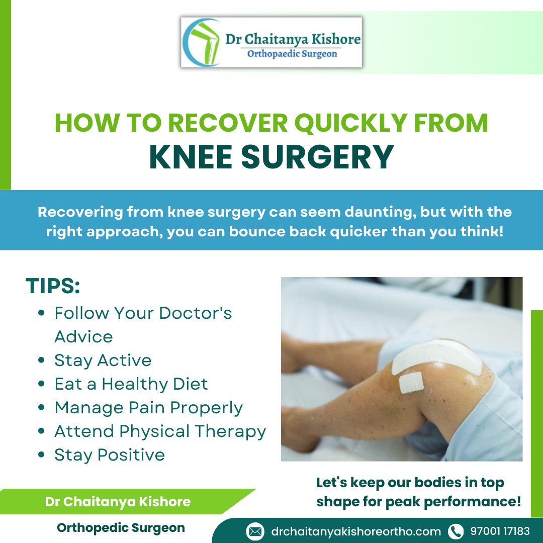 Recovering from knee surgery is a journey that requires patience, dedication, and the right approach.

#KneeSurgeryRecovery #SpeedyRecovery #HealthyHealing #PhysicalTherapy
#OrthopedicCare #StayActive #HealthyDiet #PainManagement #PositiveAttitude
#RecoveryJourney