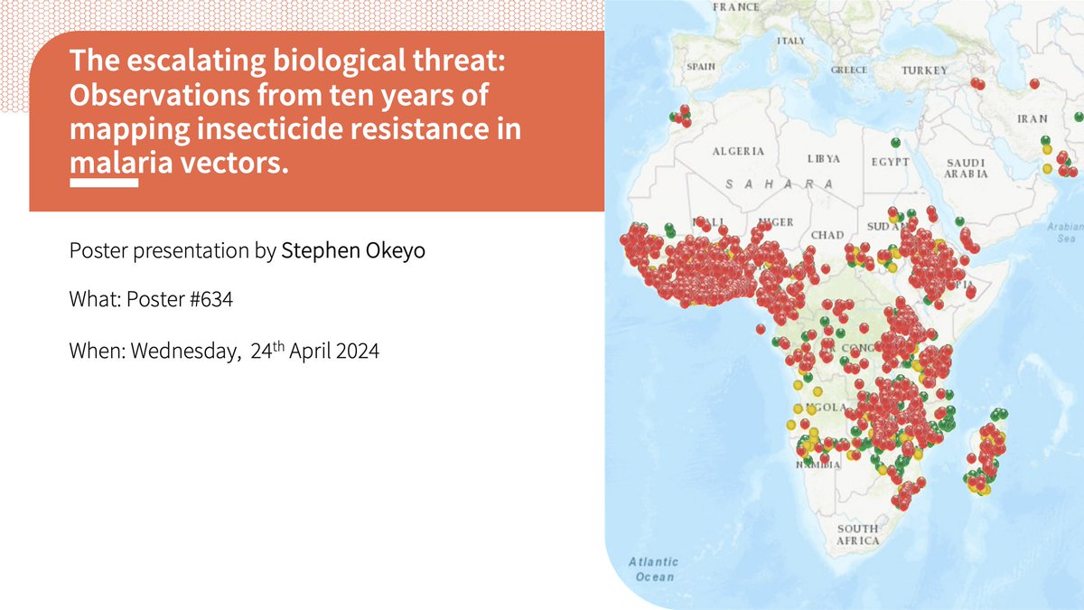 Tomorrow, 24 April @stephenokeyo65 presents poster #634, The escalating biological threat: observations from ten years of mapping insecticide resistance in malaria vectors @IRMapper @MIM_PAMC Come discuss the implications for insecticide resistance management. #MIM2024