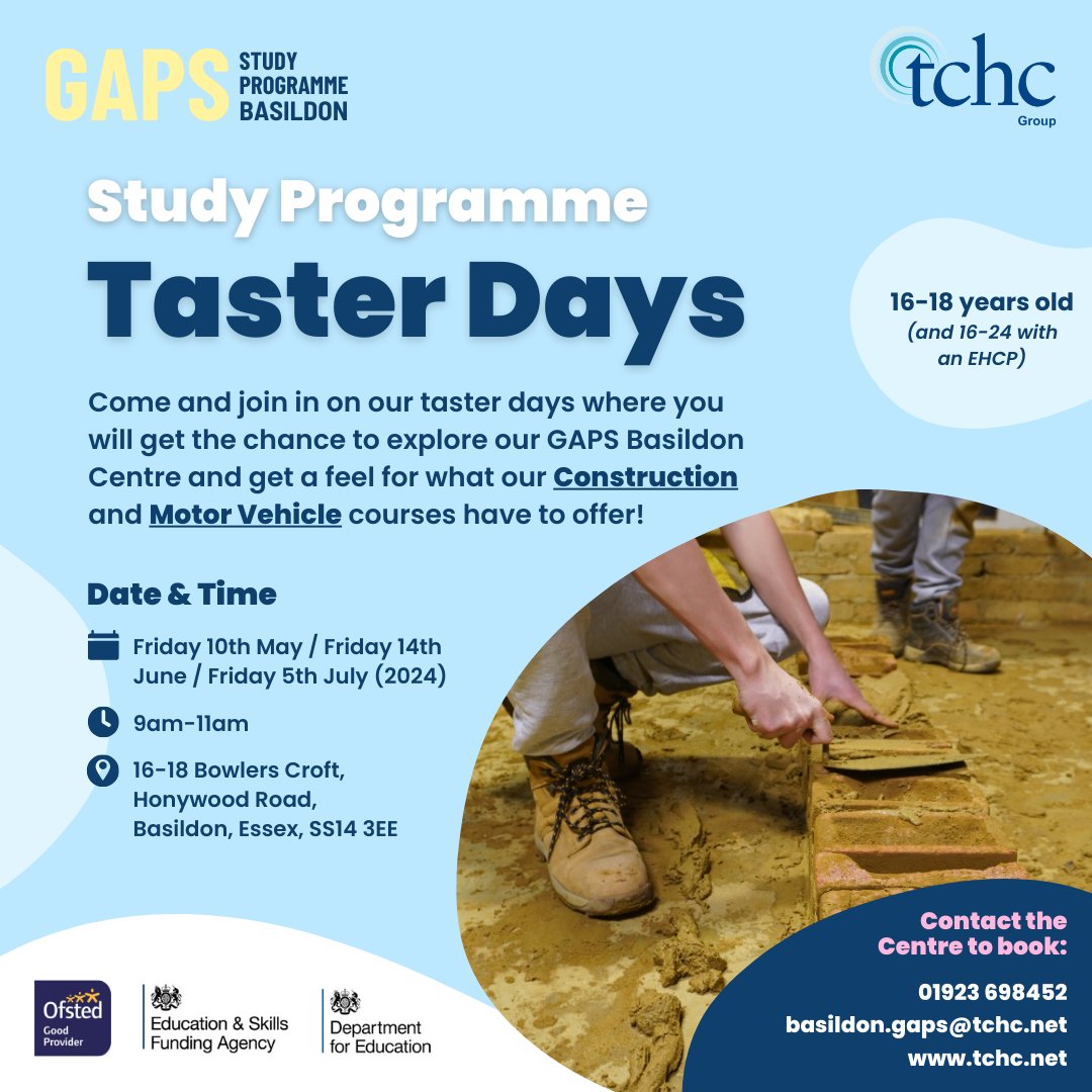 Study Programme TASTER DAYS in BASILDON - Friday 10th May / Friday 14th June / Friday 5th July 

BOOK NOW - 01923 698452 / basildon.gaps@tchc.net / tchc.net

#college #tasterday #dropin #studyprogramme #basildon #construction #motorvehicle