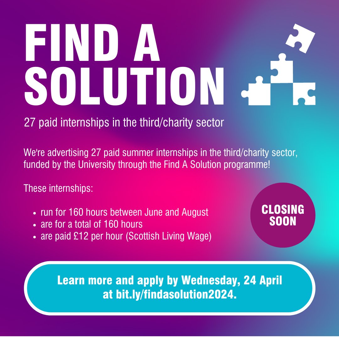 ⌛️ Applications for our Find A Solution paid summer internship programme close at 23:59 tomorrow, Wednesday, 24 April! Remember: It doesn't hurt to apply! 👉 Apply at gla.ac.uk/myglasgow/care…. Good luck! ✨ #UofG #UniversityOfGlasgow #Glasgow #Internship