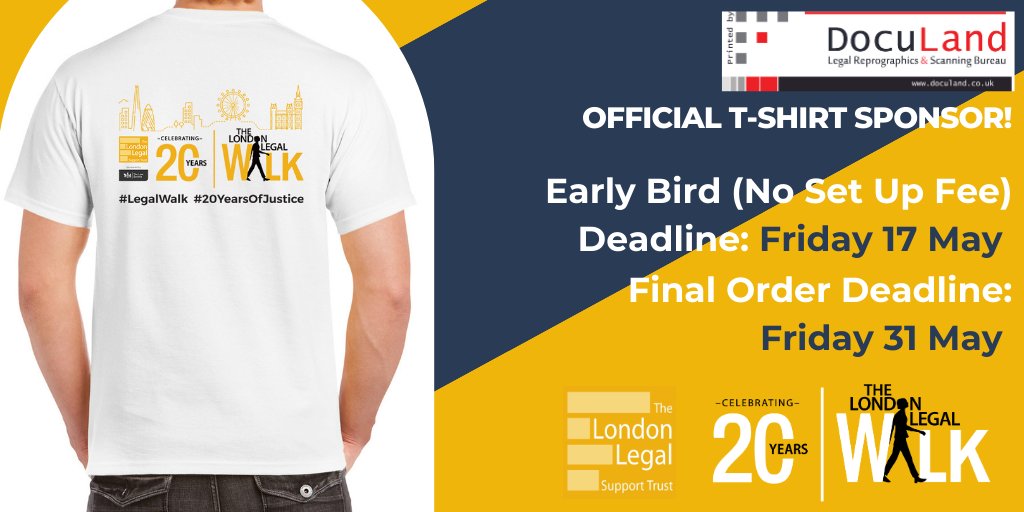 The London #LegalWalk t-shirts are back! 🎉 Thanks to @Doculand our official t-shirt sponsor for the 8th year running, you can now order these amazing t-shirts in many different colours. Early birds get a great deal (no set up fee!) 

Order here shop.doculand.co.uk