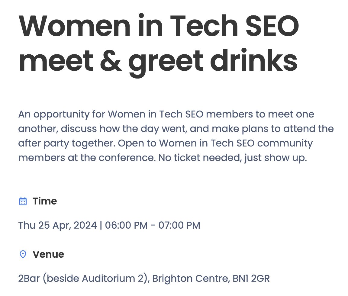 Our @techseowomen Meet & Greet drinks are happening this Thursday at 6pm, in the Brighton Centre, thanks to the wonderful @brightonseo team who always make space for us in every single #brightonSEO edition 🙏🏽 brightonseo.com/activities/wom…