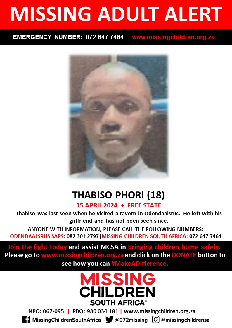 #MCSAMissing Thabiso Phori (18) was last seen 15 April 2024. If you personally, or your company | or your place of work, would like to make a donation to #MCSA, please click here to donate: missingchildren.org.za/page/donate