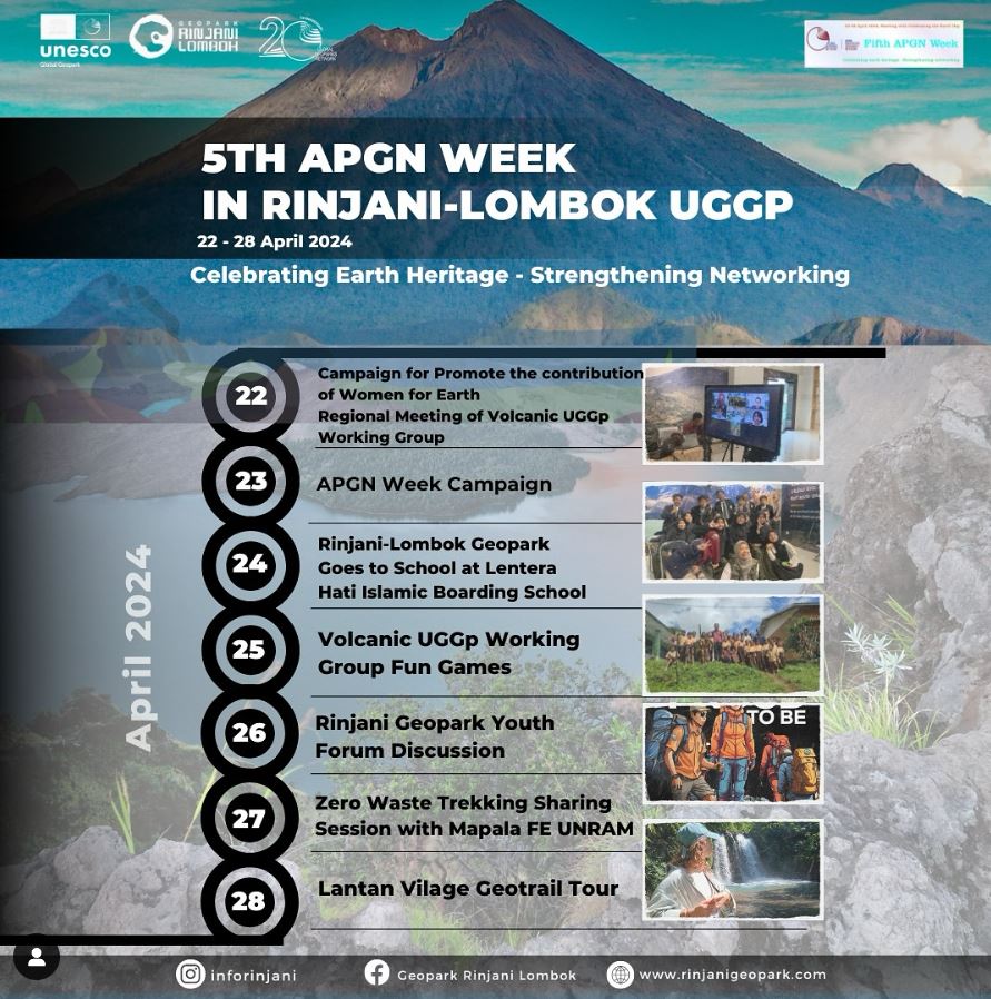 5th APGN Week - Rinjani Lombok UNESCO Global Geopark @InfoRinjani 🎉
“Celebrating Earth Heritage - Strengthening Networking” with various activities

📅22-28 April 2024
Let's come and join!
youtu.be/_gWZAfv-Eys?si… 

#apgn
#rinjanikita
#rinjani
#lombok
#geopark
#GGN20thAnniversary
