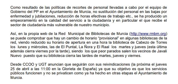 Hoy toca hablar del deterioro que está sufriendo la atención ciudadana en las #BibliotecasMunicipales de Murcia, otra consecuencia más de los recortes que impone el @AytoMurcia . Por cierto: feliz día del libro 📖!!!
#NosSobranLosMotivos