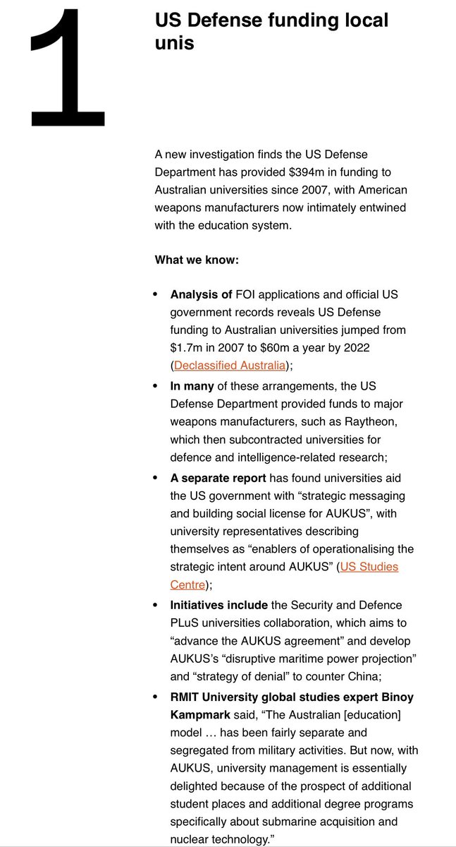 Declassified Australia’s investigation into Pentagon funding of local Uni’s —picked as Story of the Day, by Saturday Paper. 👉 Read it in full here: declassifiedaus.org/2024/04/18/rev…