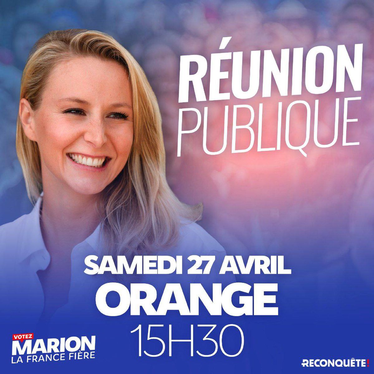 Nous aurons le plaisir d'avoir @MarionMarechal parmi nous à Orange le 27 avril. Inscivez-vous ci-dessous: my.weezevent.com/reunion-publiq…