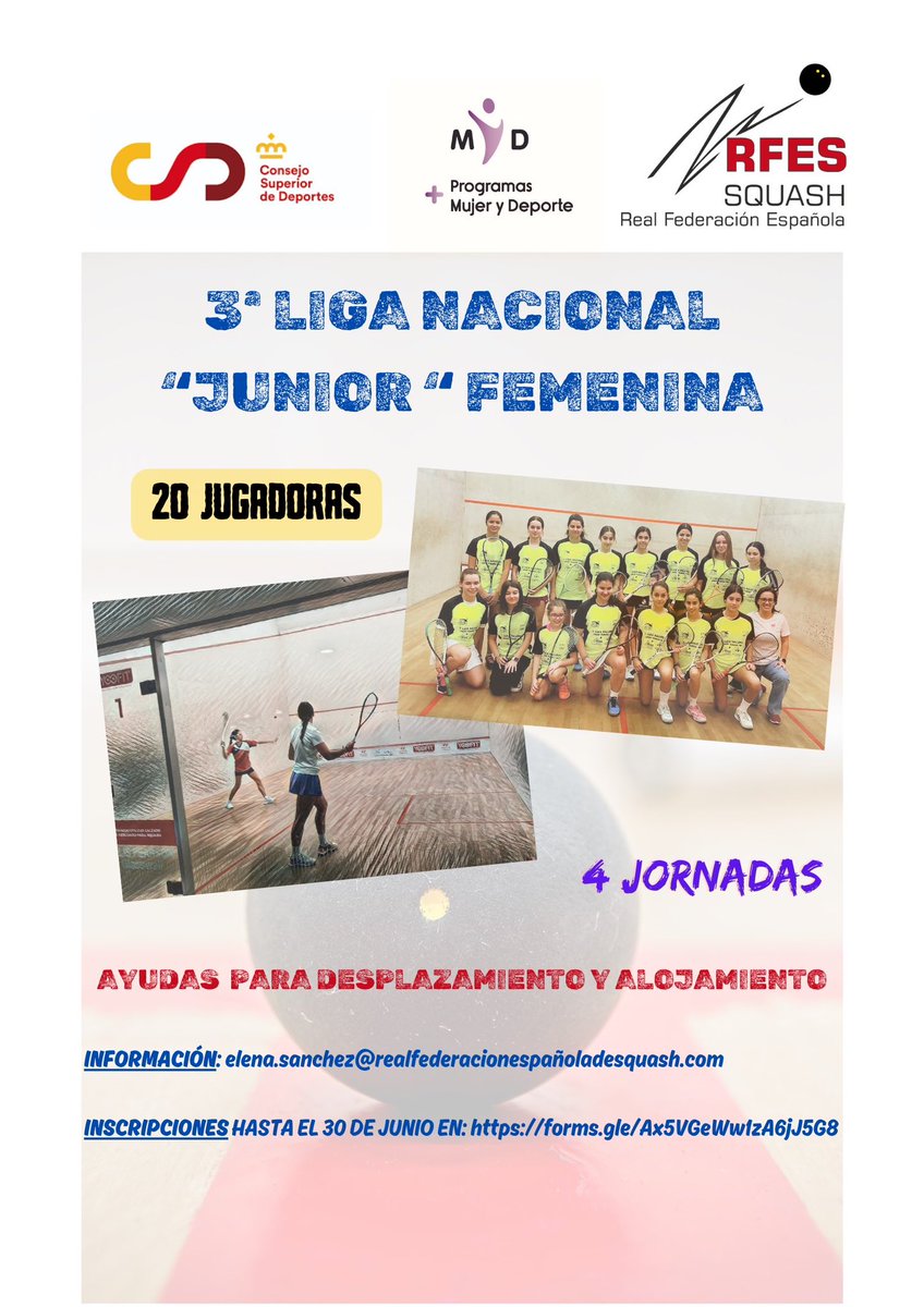 Estamos de vuelta! 🤩 🖊️ Inscríbete ya en la III Edición de la Liga Junior 📞Contacta con nosotr@s para cualquier duda ❌Plazas limitadas #SquashSpain #SquashEsp @deportegob