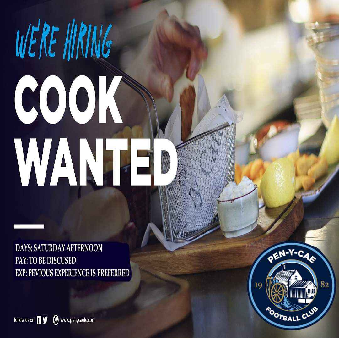 ⭐ COOK WANTED⭐ We are looking for a Cook to join our Club. More Details: 👇👇 facebook.com/penycae.fc/pos… 💙 Our Crest, Our Club, Our Community, Our Cae 💙 #WeAreTheCae #MoreThanAClub