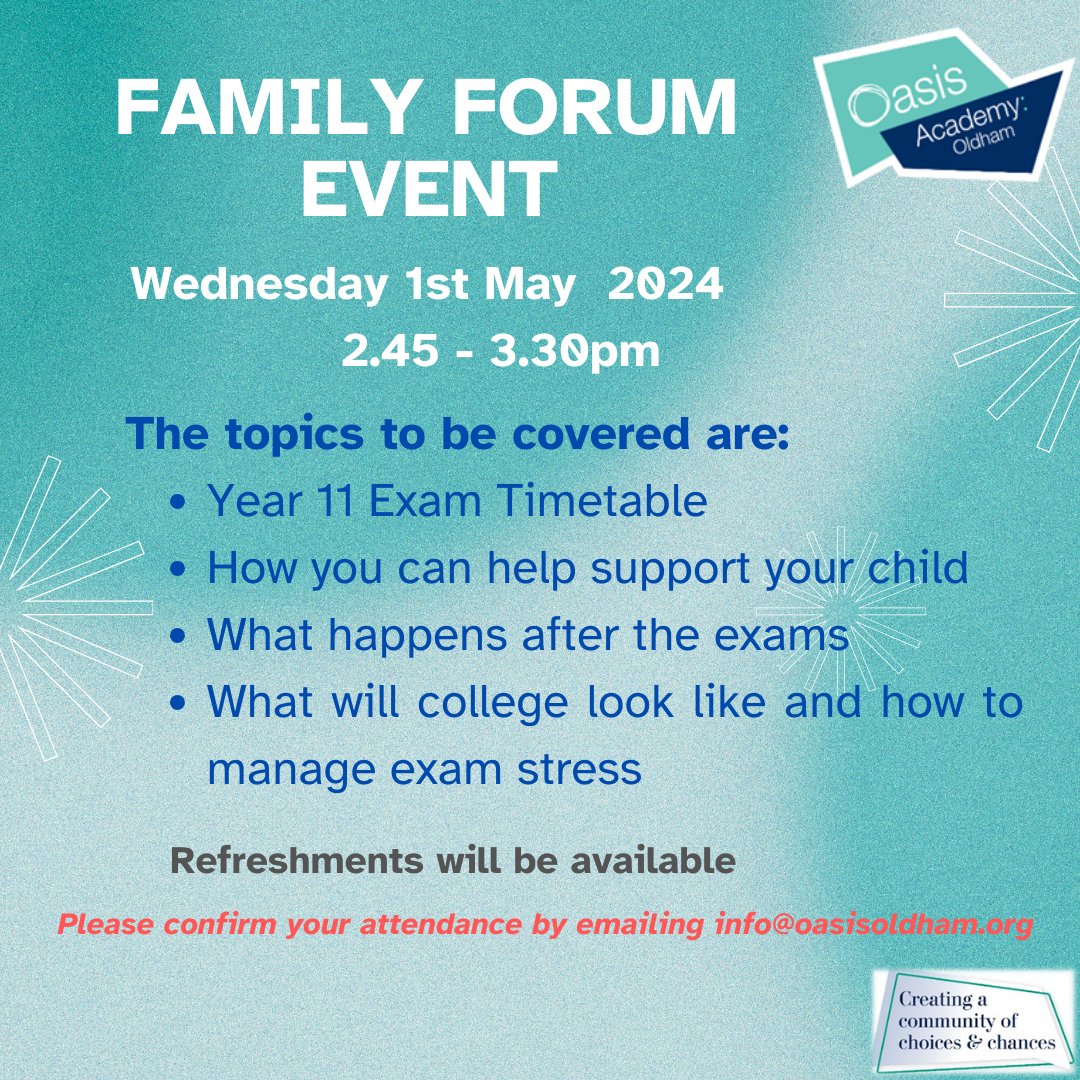 Reminder: Join us on Wed 1st May, 2.45-3.30pm for our Family Forum Event. This session will be especially helpful for our Yr 11 students, we will be discussing #ExamTimetable #exams #college #ManagingExamStress #teamOAO We are here to offer advice & support #workingtogether💙