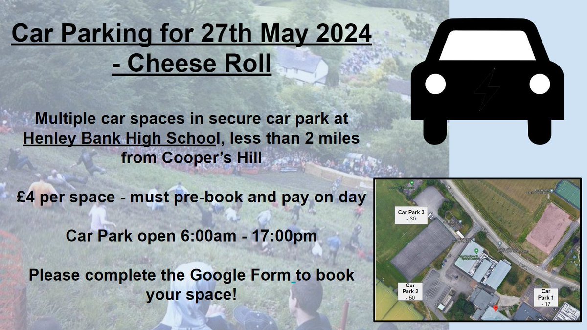 To celebrate the iconic Coopers Hill Cheese Roll on 27th May we are offering the ability to book a parking space in one of our car parks on the day. 🧀🏃‍♂️ To book your place, please fill in the Google Form: buff.ly/4b9QWkf