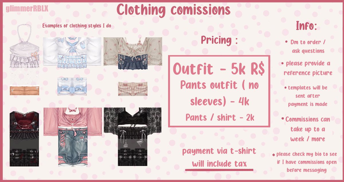 glimmerRBLX's tweet image. Opening clothing commissions!
DM me to order :) 🎀
#roblox #robloxcomission #robloxdesign #robloxdesigner