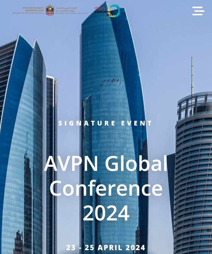 AVPN Global Conference 2024

AVPN counts down to the 11th edition of the Annual Global Conference

Abu Dhabi, UAE on 23 - 25 April 2024 
Asian Venture Philanthropy Network Global Conference 2024.
Badr Jafar 
#Philanthropy
#AVPN2024