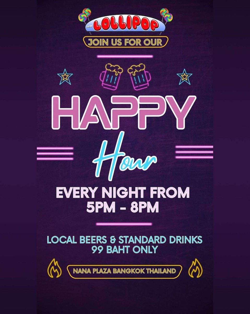 Lollipop Happy Hour Returns to Cheers at Nana Plaza With low season here again, the Lollipop Happy Hour is back at the ground-floor Nana Plaza go-go bar from 5-8 p.m. davetheravebangkok.com/lollipop-happy…